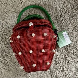 Kate Spade Red Wicker Handbag with Pearl Accents